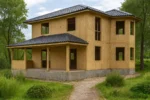 Дом «Д-197», 197 м², 2 этажа, в черновой отделке: коробка из СИП-панелей OSB-3, вальмовая кровля из металлочерепицы, проёмы без окон и дверей, в проёмах видны сосновые балки перекрытия