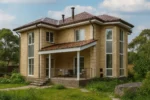 Проект дома «Д-197Б» из СИП-панелей, 197 м² — двухэтажный дом с бежевым фасадом, коричневой крышей и террасой | HotWell.KZ