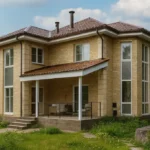 Проект дома «Д-197Б» из СИП-панелей, 197 м² — двухэтажный дом с бежевым фасадом, коричневой крышей и террасой | HotWell.KZ
