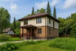 Проект дома «Д-200» из СИП-панелей, 200 м² — двухэтажный дом с бежевым фасадом, коричневой крышей и крытым крыльцом | HotWell.KZ