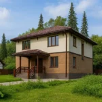 Проект дома «Д-200» из СИП-панелей, 200 м² — двухэтажный дом с бежевым фасадом, коричневой крышей и крытым крыльцом | HotWell.KZ