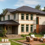 Проект дома «Д-287» из СИП-панелей, 287 м² — двухэтажный дом с бежевым фасадом, коричневой крышей и террасой | HotWell.KZ