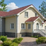 Проект дома «Д-319» из СИП-панелей, 319 м² — двухэтажный дом с бежевым фасадом, красной крышей и крыльцом | HotWell.KZ
