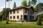 Проект дома «Д-379» из СИП-панелей, 379 м² — двухэтажный дом с бежевым фасадом, коричневой крышей и каменной отделкой | HotWell.KZ