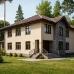 Проект дома «Д-379» из СИП-панелей, 379 м² — двухэтажный дом с бежевым фасадом, коричневой крышей и каменной отделкой | HotWell.KZ