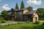 Проект дома «Д-403» из СИП-панелей, 403 м² — двухэтажный дом с бежевым фасадом, черной крышей и панорамными окнами | HotWell.KZ