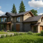 Проект дома «Д-403» из СИП-панелей, 403 м² — двухэтажный дом с бежевым фасадом, черной крышей и панорамными окнами | HotWell.KZ