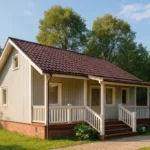 Проект дома «Д-46» из СИП-панелей, 46 м² — одноэтажный дом с бежевым фасадом, коричневой крышей и крытым крыльцом | HotWell.KZ