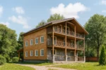 Проект дома «Д-502» из СИП-панелей, 502 м² — двухэтажный дом с деревянным фасадом, серой крышей и балконами | HotWell.KZ