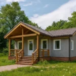Проект дома «Д-54Б» из СИП-панелей, 54 м² — одноэтажный дом с серым фасадом, коричневой крышей и крытым крыльцом | HotWell.KZ