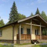 Проект дома «Д-59» из СИП-панелей, 59 м² — одноэтажный дом с бежевым фасадом, коричневой крышей и террасой | HotWell.KZ