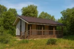 Проект дома «Д-74» из СИП-панелей, 74 м² — одноэтажный дом с белым фасадом, коричневой крышей и террасой | HotWell.KZ