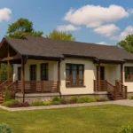 Проект дома «Д-80» из СИП-панелей, 80 м² — одноэтажный дом с бежевым фасадом, серой крышей и крытым крыльцом | HotWell.KZ