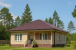 Проект дома «Д-82» из СИП-панелей, 82 м² — одноэтажный дом с бежевым фасадом, коричневой крышей и крыльцом | HotWell.KZ