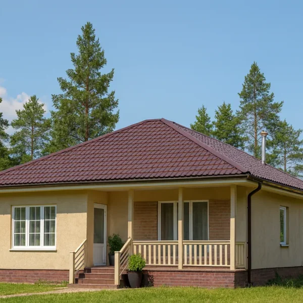 Проект дома «Д-82» из СИП-панелей, 82 м² — одноэтажный дом с бежевым фасадом, коричневой крышей и крыльцом | HotWell.KZ