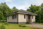 Проект дома «Д-89» из СИП-панелей, 89 м² — одноэтажный дом с бежевым фасадом, серой крышей и крыльцом | HotWell.KZ