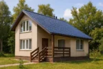 Проект дома «Д-90» из СИП-панелей, 90 м² — двухэтажный дом с бежевым фасадом, синей крышей и крыльцом | HotWell.KZ