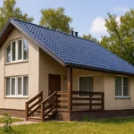 Проект дома «Д-90» из СИП-панелей, 90 м² — двухэтажный дом с бежевым фасадом, синей крышей и крыльцом | HotWell.KZ