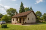 Проект дома «Д-93» из СИП-панелей, 93 м² — одноэтажный дом с бежевым фасадом, коричневой крышей и крытым крыльцом | HotWell.KZ