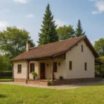 Проект дома «Д-93» из СИП-панелей, 93 м² — одноэтажный дом с бежевым фасадом, коричневой крышей и крытым крыльцом | HotWell.KZ