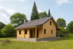 Дом «Д-93», 93 м², 1 этаж, в черновой отделке: коробка из СИП-панелей OSB-3, двускатная кровля из металлочерепицы, проёмы без окон и дверей