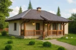 Проект дома «Д-94» из СИП-панелей, 94 м² — одноэтажный дом с бежевым фасадом, коричневой крышей и крытым крыльцом | HotWell.KZ