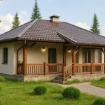 Проект дома «Д-94» из СИП-панелей, 94 м² — одноэтажный дом с бежевым фасадом, коричневой крышей и крытым крыльцом | HotWell.KZ