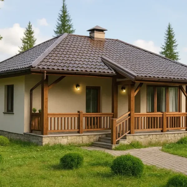 Проект дома «Д-94» из СИП-панелей, 94 м² — одноэтажный дом с бежевым фасадом, коричневой крышей и крытым крыльцом | HotWell.KZ