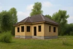 Дом «Д-98», 98 м², 1 этаж, в черновой отделке: коробка из СИП-панелей OSB-3, вальмовая кровля из металлочерепицы, проёмы без окон и дверей