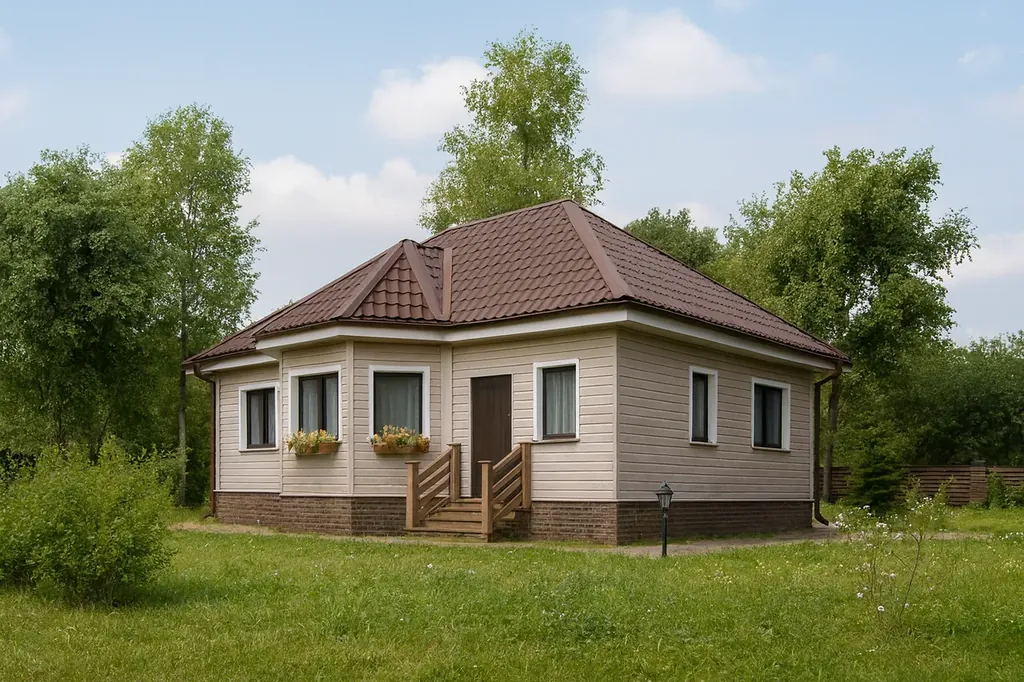 Проект дома «Д-98» Проект дома «Д-98» из СИП-панелей, 98 м² — одноэтажный дом с бежевым фасадом, коричневой крышей и крыльцом | HotWell.KZ