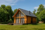 Проект дома «Е-108» из СИП-панелей, 108 м² — двухэтажный дом с деревянным фасадом, серой крышей и террасой | HotWell.KZ