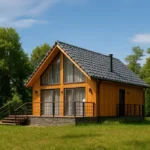 Проект дома «Е-108» из СИП-панелей, 108 м² — двухэтажный дом с деревянным фасадом, серой крышей и террасой | HotWell.KZ