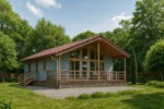 Проект дома «Е-121» из СИП-панелей, 121 м² — одноэтажный дом с голубым фасадом, красной крышей и террасой | HotWell.KZ