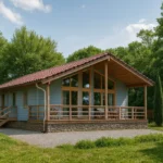 Проект дома «Е-121» из СИП-панелей, 121 м² — одноэтажный дом с голубым фасадом, красной крышей и террасой | HotWell.KZ