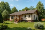 Проект дома «Е-122» из СИП-панелей, 122 м² — одноэтажный дом с бежевым фасадом, коричневой крышей и крыльцом | HotWell.KZ