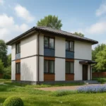 Проект дома «Ё-152» из СИП-панелей, 152 м² — двухэтажный дом с белым фасадом, серой крышей и крыльцом | HotWell.KZ