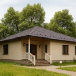 Проект дома «Е-163» из СИП-панелей, 163 м² — одноэтажный дом с бежевым фасадом, темной крышей и крытым крыльцом | HotWell.KZ