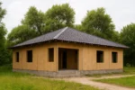 Дом «Е-163», 163 м², 1 этаж, в черновой отделке: коробка из СИП-панелей OSB-3, вальмовая кровля из металлочерепицы, проёмы без окон и дверей