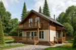 Проект дома «Е-164Б» из СИП-панелей, 164 м² — двухэтажный дом с деревянным фасадом, серой крышей и балконом | HotWell.KZ