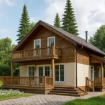 Проект дома «Е-164Б» из СИП-панелей, 164 м² — двухэтажный дом с деревянным фасадом, серой крышей и балконом | HotWell.KZ