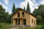 Дом «Е-164Б», 164 м², 1.5 этажа, в черновой отделке: коробка из СИП-панелей OSB-3, двускатная кровля из металлочерепицы, проёмы без окон и дверей, в проёмах видны сосновые балки перекрытия