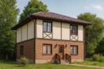 Проект дома «Е-170» из СИП-панелей, 170 м² — двухэтажный дом с бежевым фасадом, коричневой крышей и крыльцом | HotWell.KZ