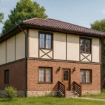 Проект дома «Е-170» из СИП-панелей, 170 м² — двухэтажный дом с бежевым фасадом, коричневой крышей и крыльцом | HotWell.KZ