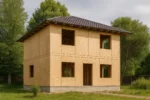 Дом «Е-170», 170 м², 2 этажа, в черновой отделке: коробка из СИП-панелей OSB-3, вальмовая кровля из металлочерепицы, проёмы без окон и дверей, в проёмах видны сосновые балки перекрытия