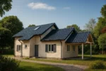 Проект дома «Е-172» из СИП-панелей, 172 м² — одноэтажный дом с бежевым фасадом, синей крышей и навесом | HotWell.KZ