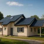 Проект дома «Е-172» из СИП-панелей, 172 м² — одноэтажный дом с бежевым фасадом, синей крышей и навесом | HotWell.KZ