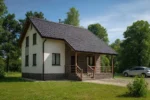 Проект дома «Е-173» из СИП-панелей, 173 м² — двухэтажный дом с бежевым фасадом, коричневой крышей и крытым крыльцом | HotWell.KZ