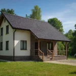 Проект дома «Е-173» из СИП-панелей, 173 м² — двухэтажный дом с бежевым фасадом, коричневой крышей и крытым крыльцом | HotWell.KZ