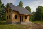 Дом «Е-173», 173 м², 1.5 этажа, в черновой отделке: коробка из СИП-панелей OSB-3, двускатная кровля из металлочерепицы, проёмы без окон и дверей, в проёмах видны сосновые балки перекрытия