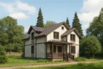 Проект дома «Е-186» из СИП-панелей, 186 м² — двухэтажный дом с бежевым фасадом, коричневой крышей и крыльцом | HotWell.KZ